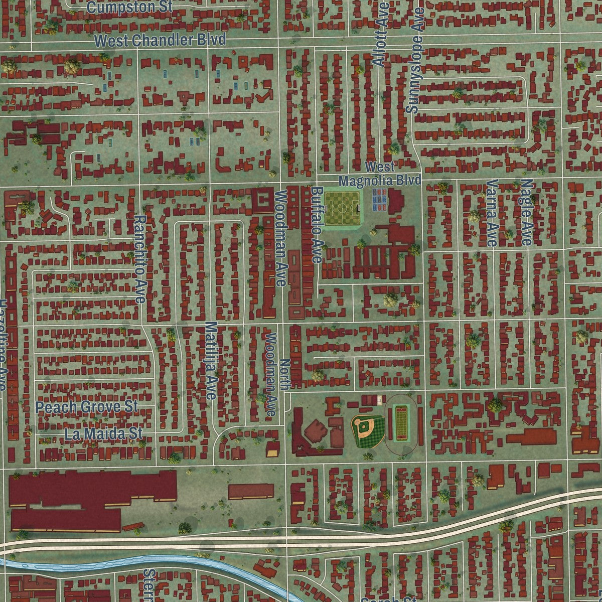 Close-up of the map of Sherman Oaks, California print showing street and building detail