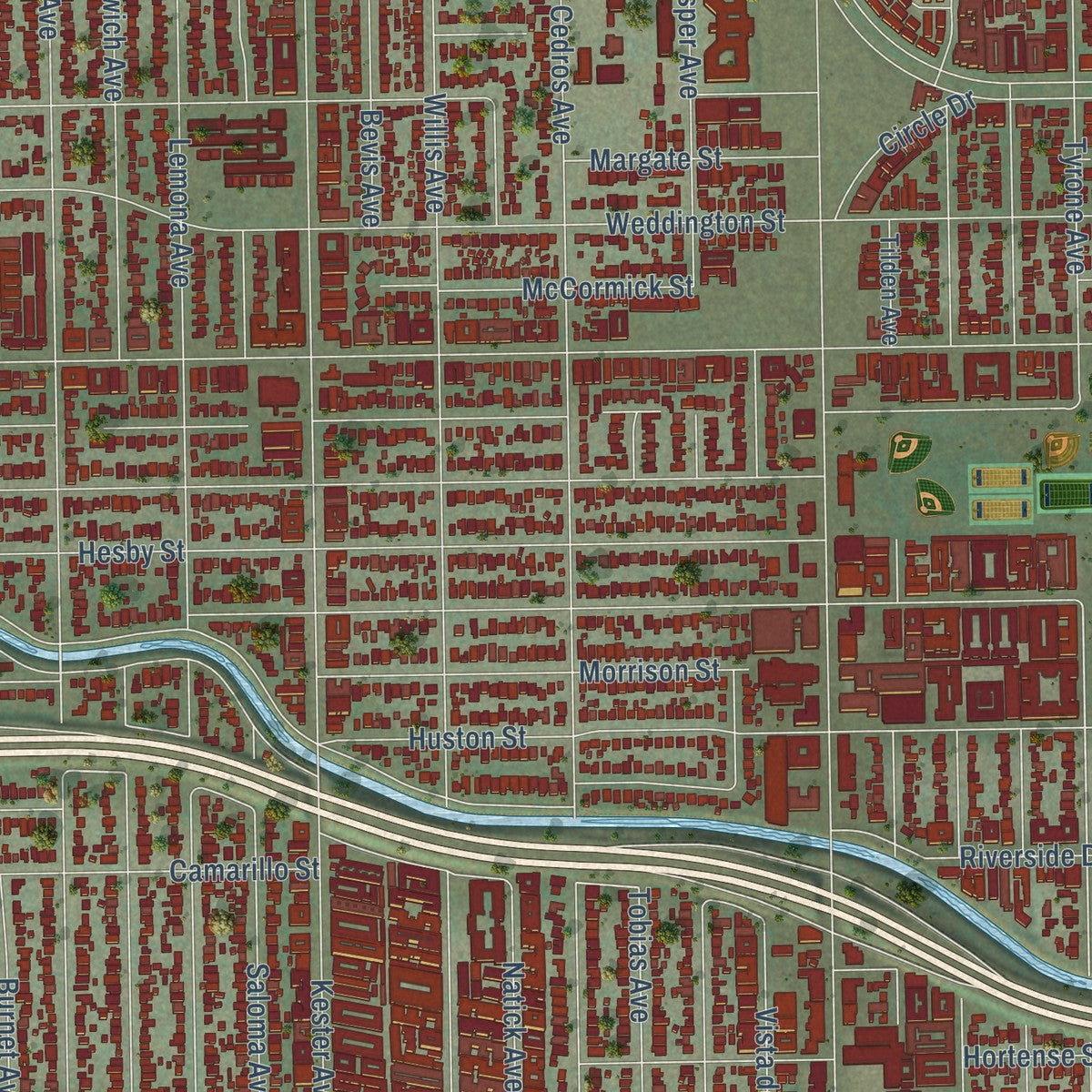 Second close-up of the map of Sherman Oaks, California print showing more streets and buildings