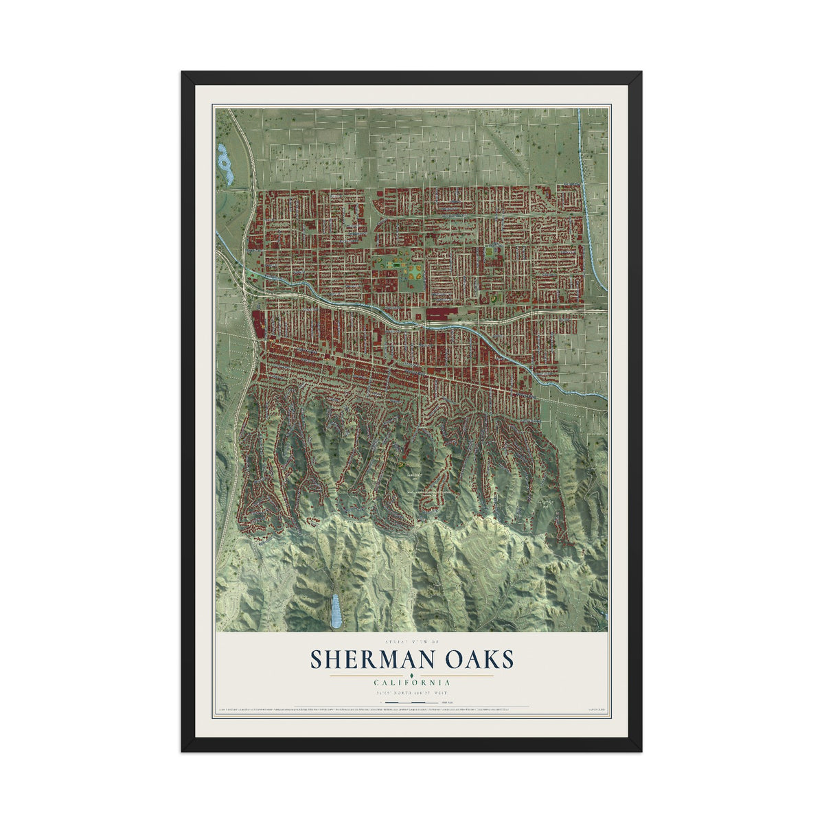 Map of Sherman Oaks, California, 12 x 18 inch print in a black wood frame