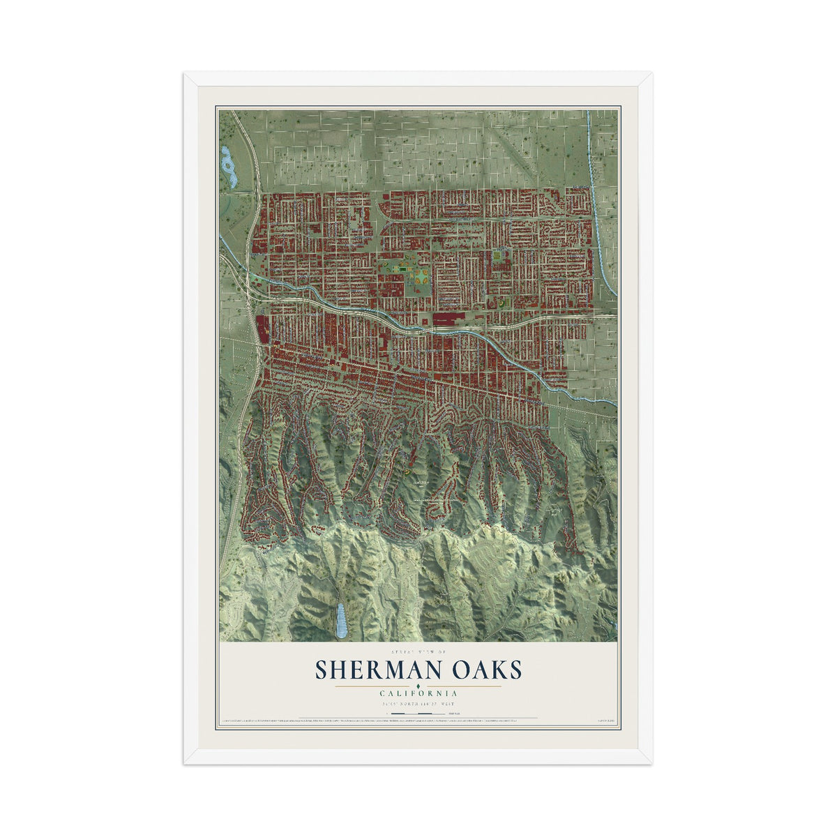Map of Sherman Oaks, California, 12 x 18 inch print in a white wood frame