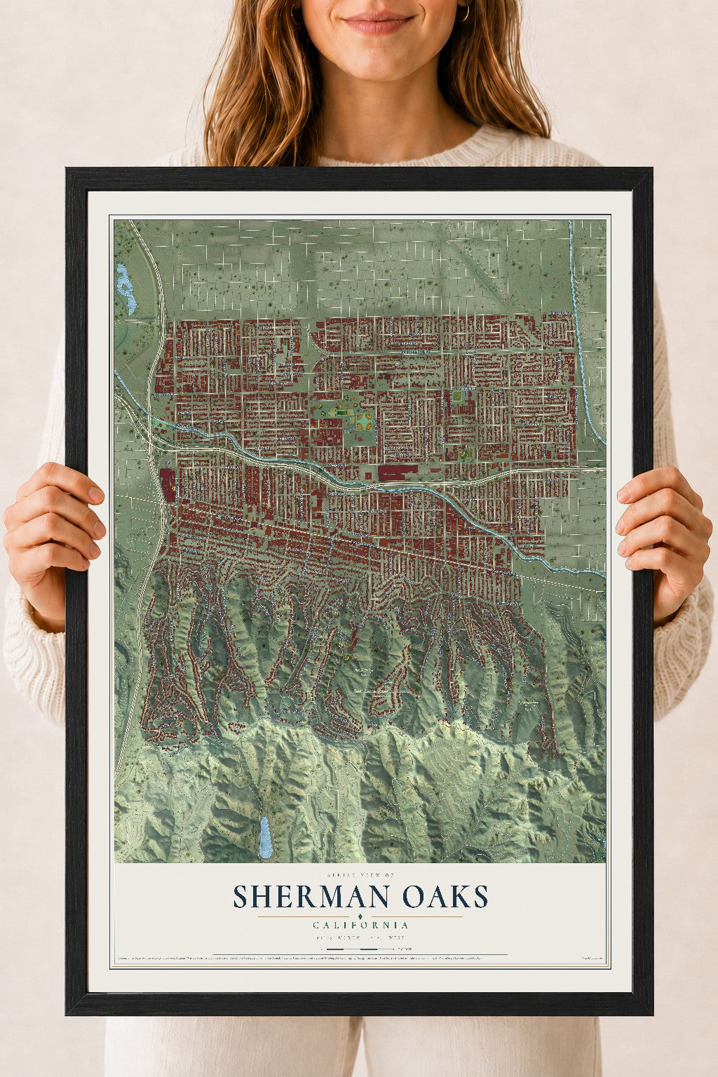 Map of Sherman Oaks, California, 18 x 24 inch print in a black wood frame