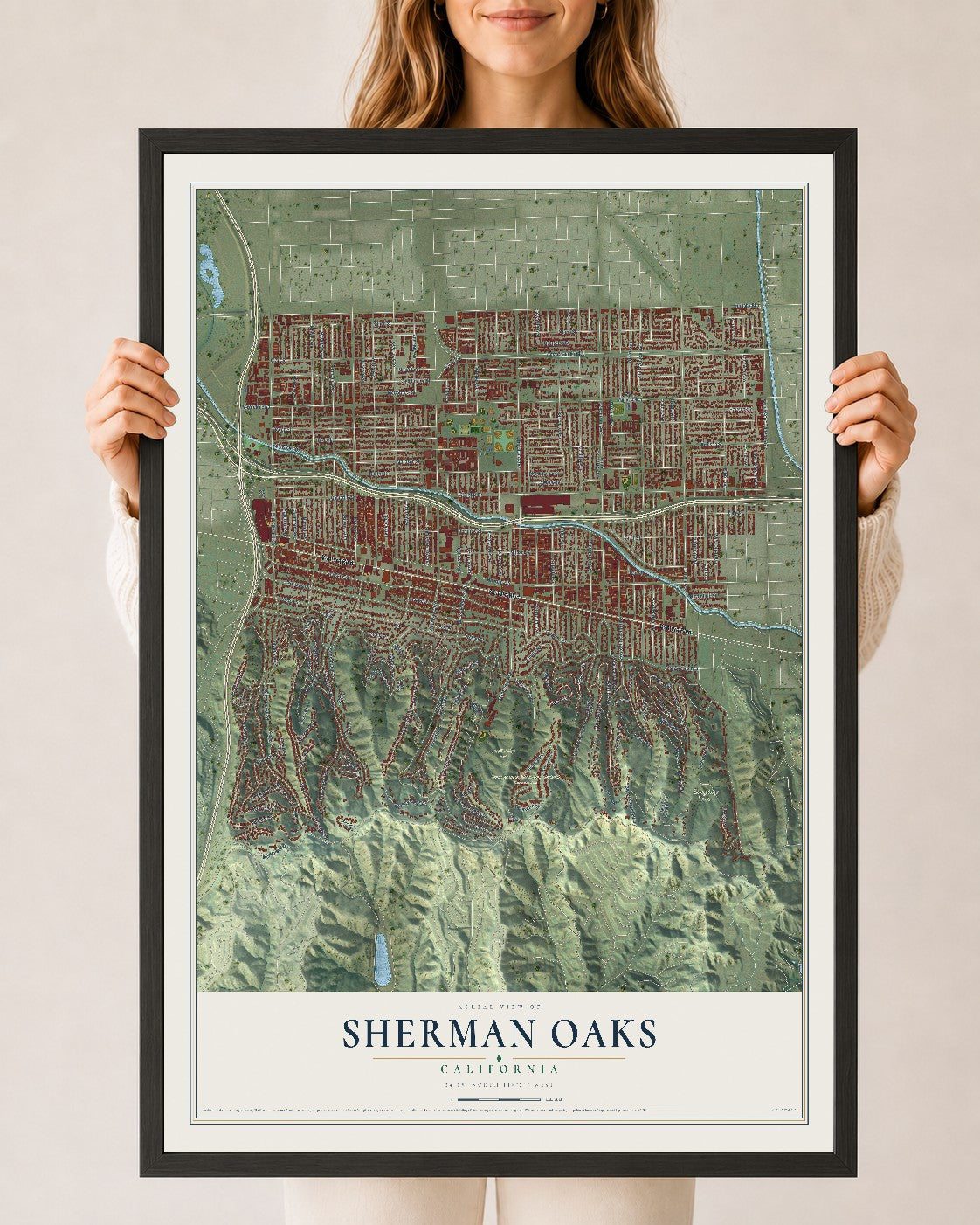Map of Sherman Oaks, California, 24 x 36 inch print in a black wood frame
