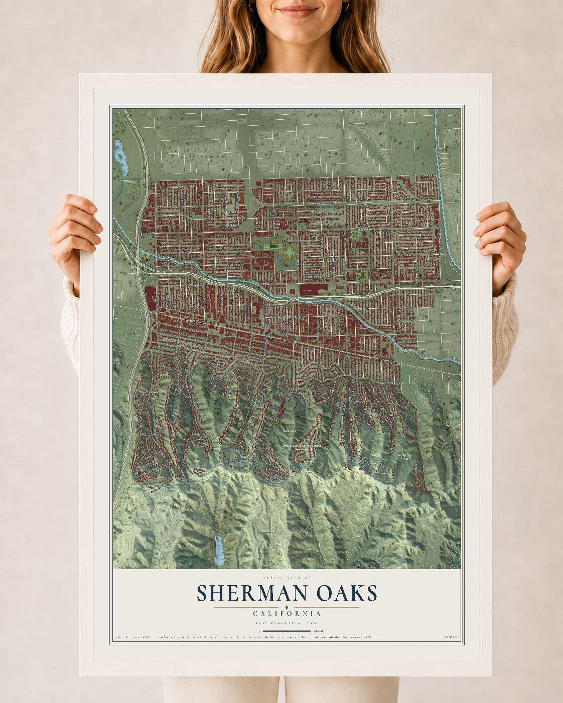 Map of Sherman Oaks, California, 24 x 36 inch print in a white wood frame