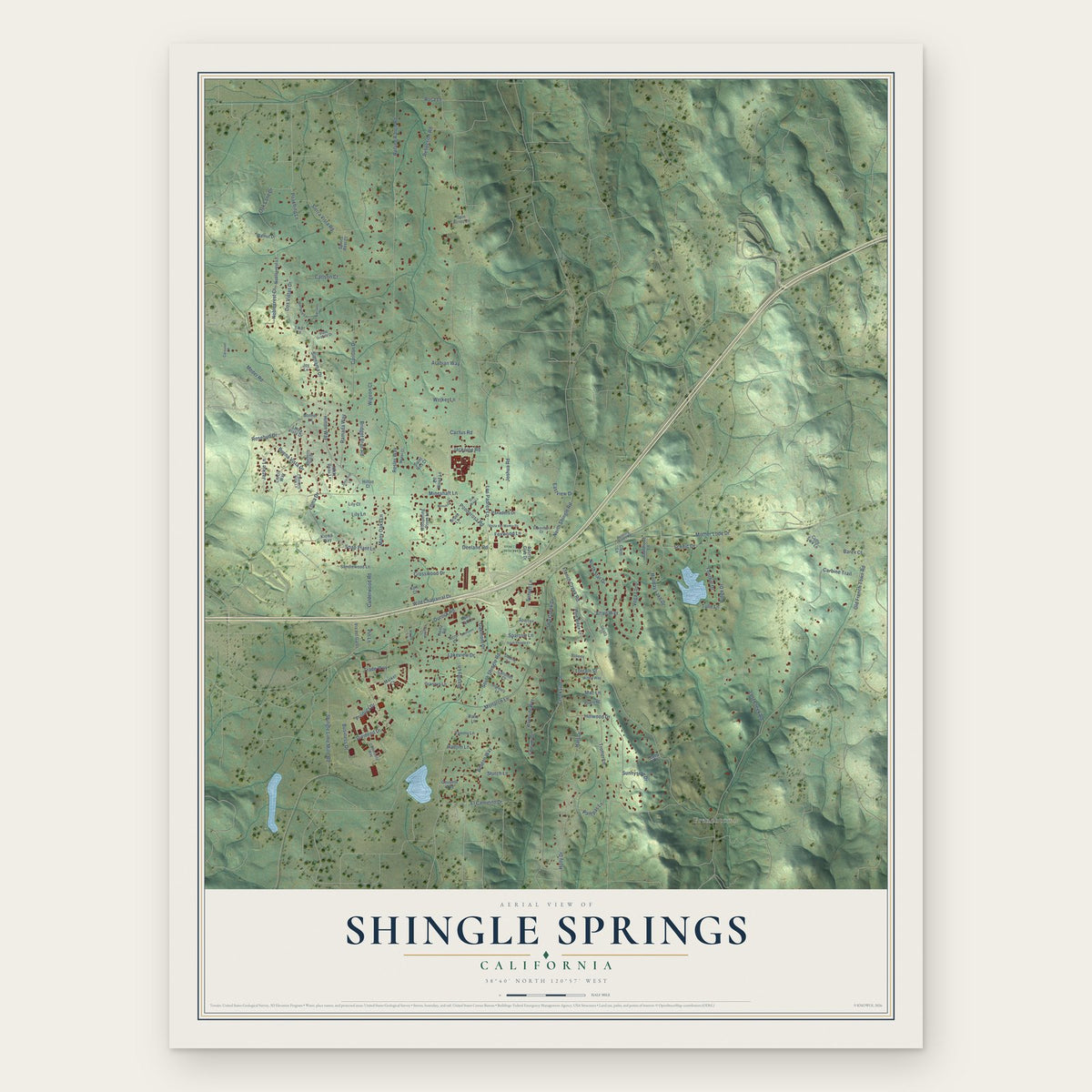 Shingle Springs, California map print, the full design
