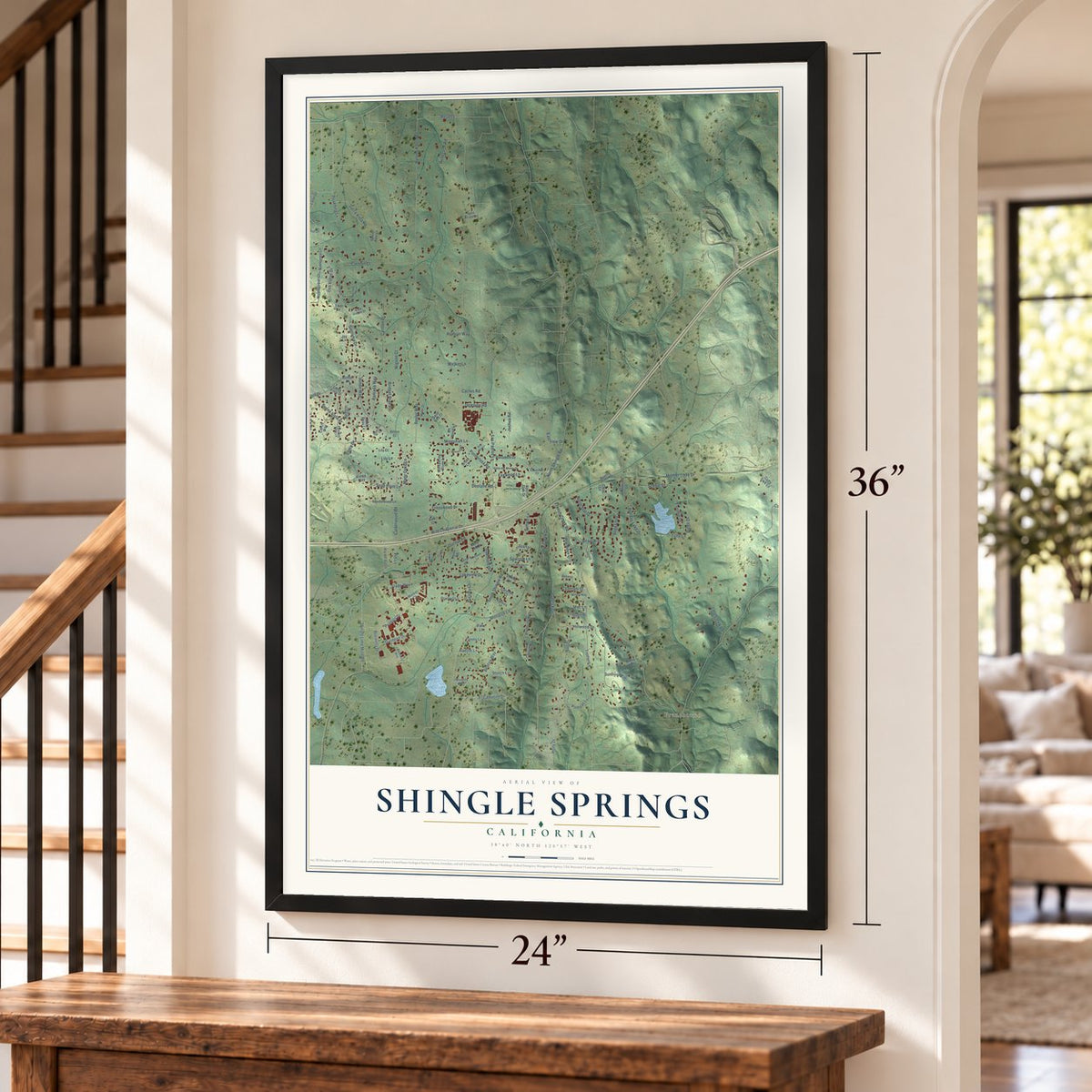 Shingle Springs, California map, 24 x 36 inch print in a black frame by a staircase