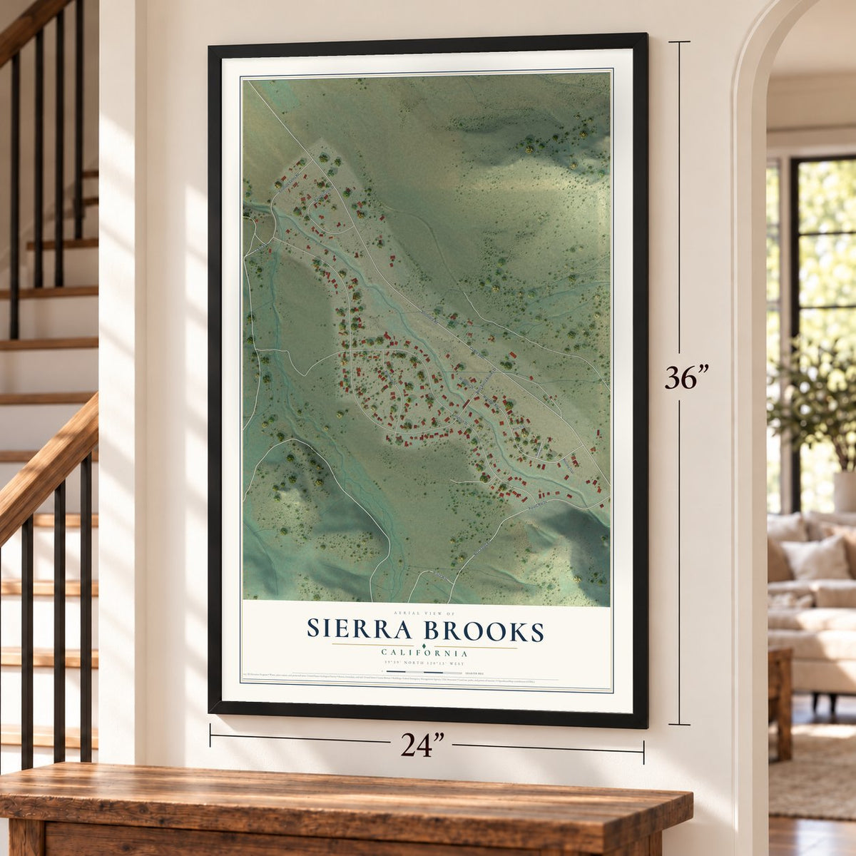 Sierra Brooks, California map, 24 x 36 inch print in a black frame by a staircase