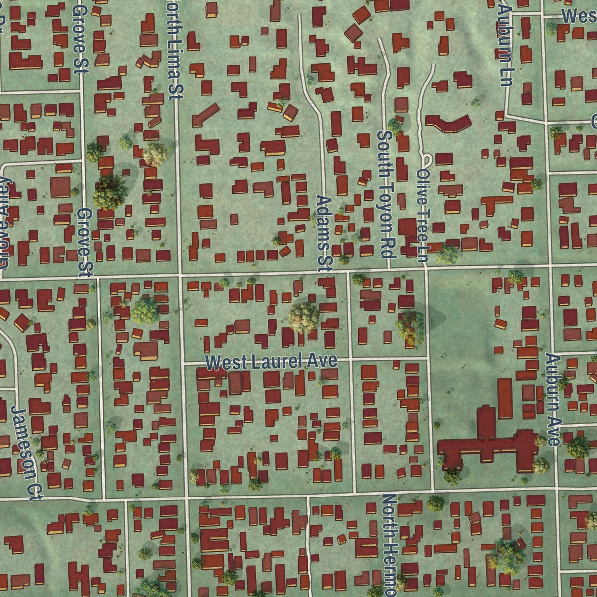 Close-up of the map of Sierra Madre, California print showing street and building detail