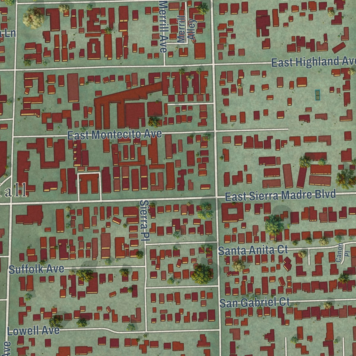 Second close-up of the map of Sierra Madre, California print showing more streets and buildings