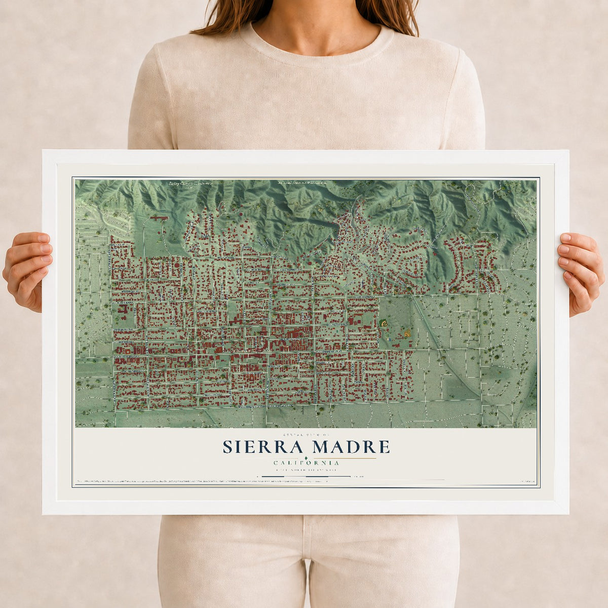 Map of Sierra Madre, California, 12 x 18 inch print in a white wood frame