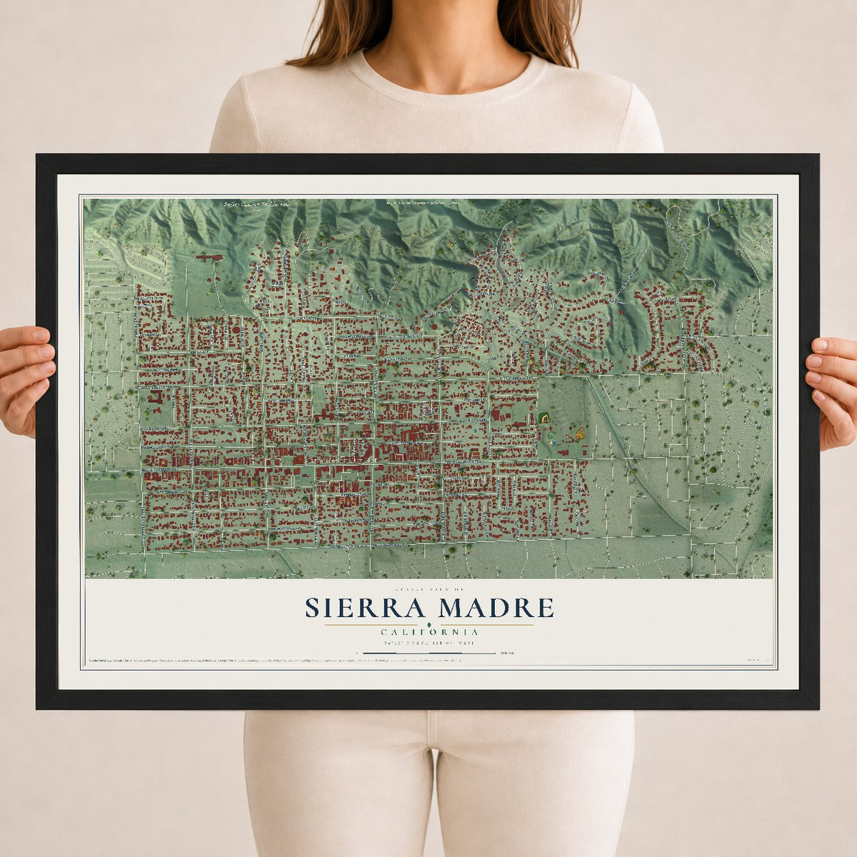 Map of Sierra Madre, California, 18 x 24 inch print in a black wood frame