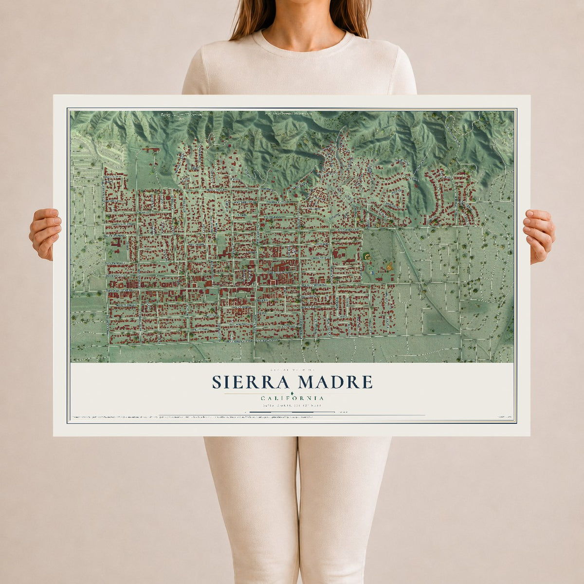 Map of Sierra Madre, California, 24 x 36 inch unframed archival matte print