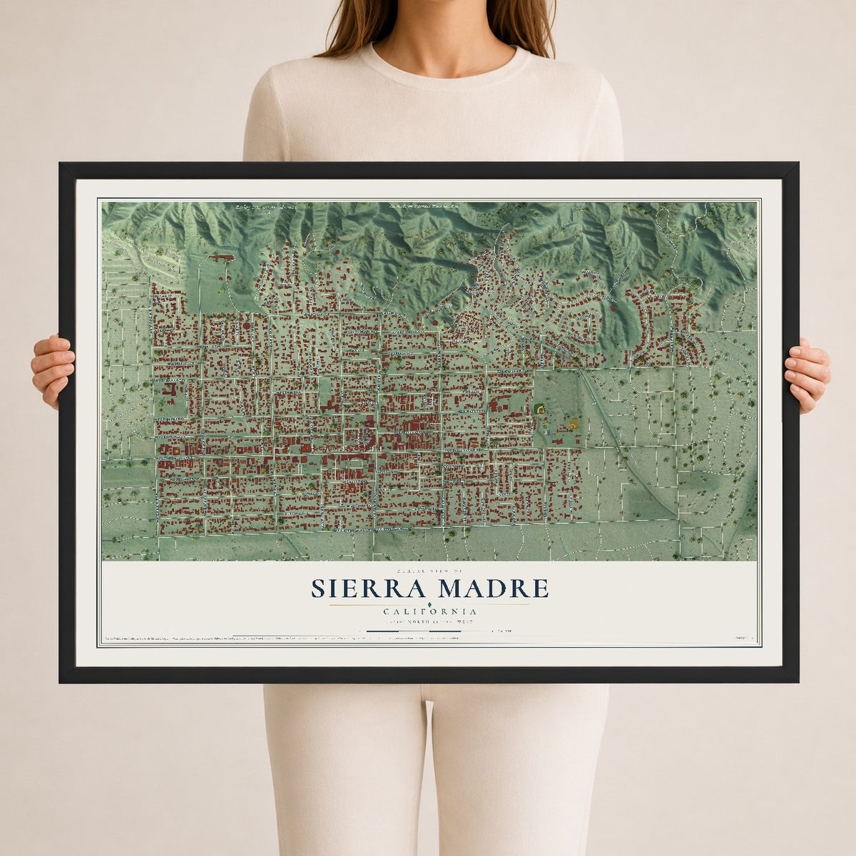 Map of Sierra Madre, California, 24 x 36 inch print in a black wood frame