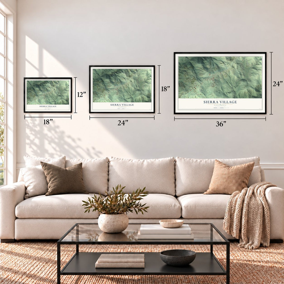 Sierra Village, California map in 12 x 18, 18 x 24 and 24 x 36 inch sizes above a sofa