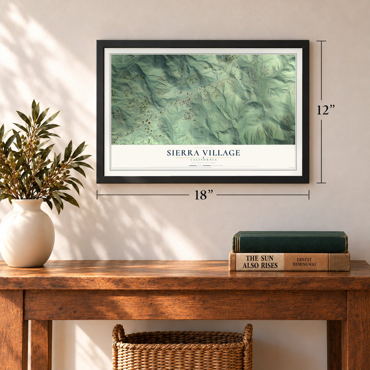 Sierra Village, California map, 12 x 18 inch print in a black frame in an entryway