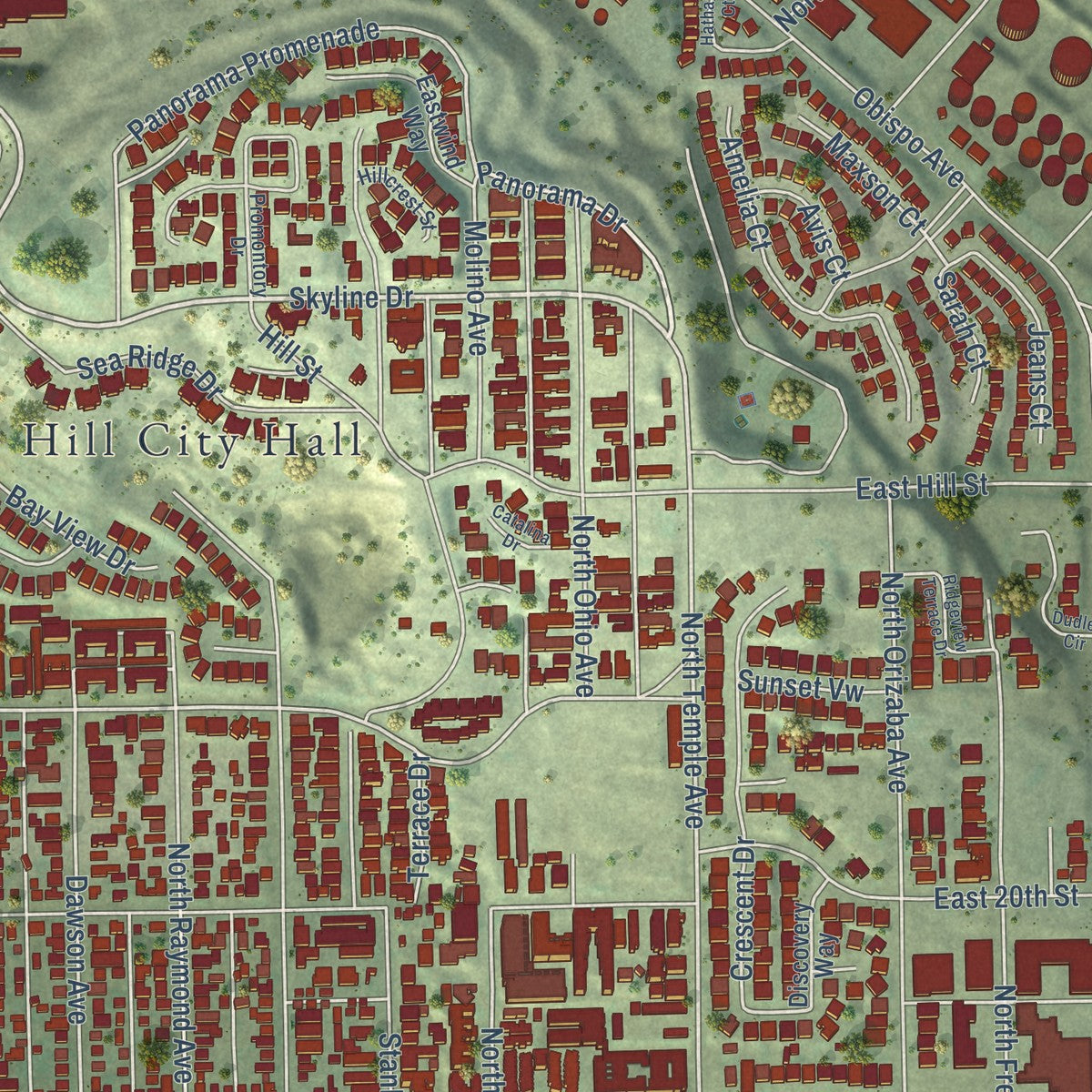 Close-up of the map of Signal Hill, California print showing street and building detail