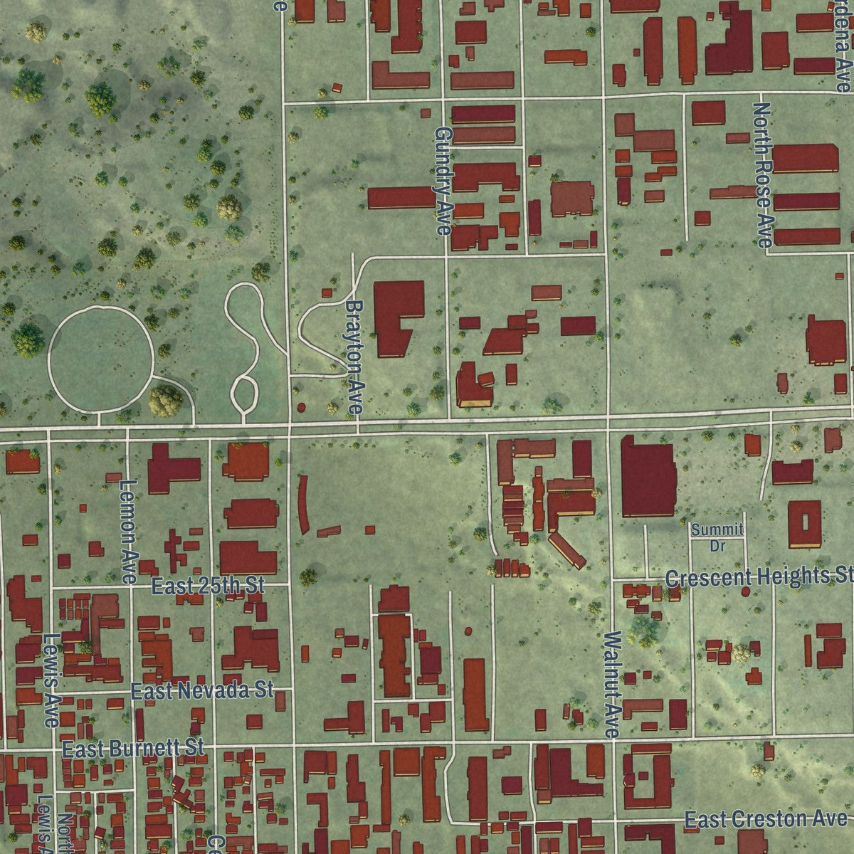 Second close-up of the map of Signal Hill, California print showing more streets and buildings