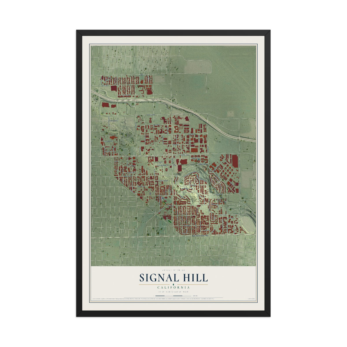 Map of Signal Hill, California, 12 x 18 inch print in a black wood frame