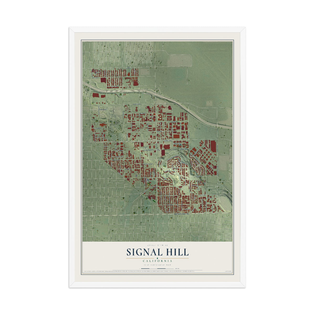 Map of Signal Hill, California, 12 x 18 inch print in a white wood frame