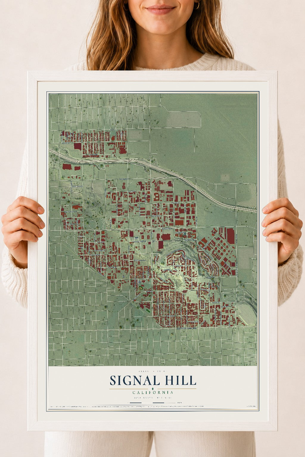 Map of Signal Hill, California, 18 x 24 inch print in a white wood frame