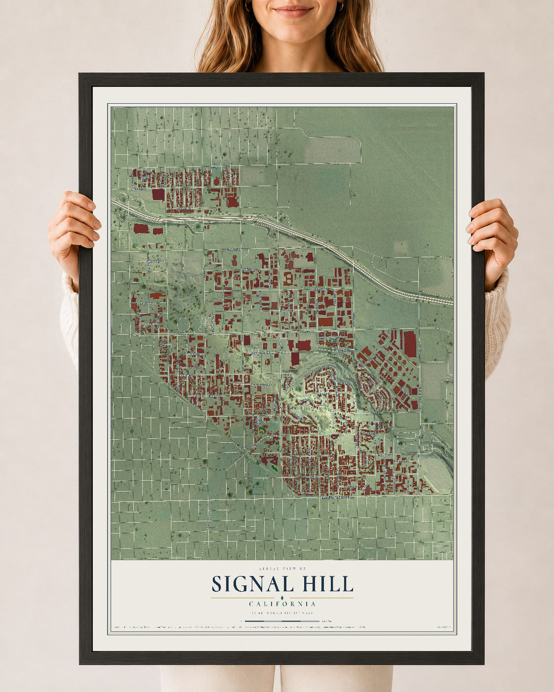 Map of Signal Hill, California, 24 x 36 inch print in a black wood frame