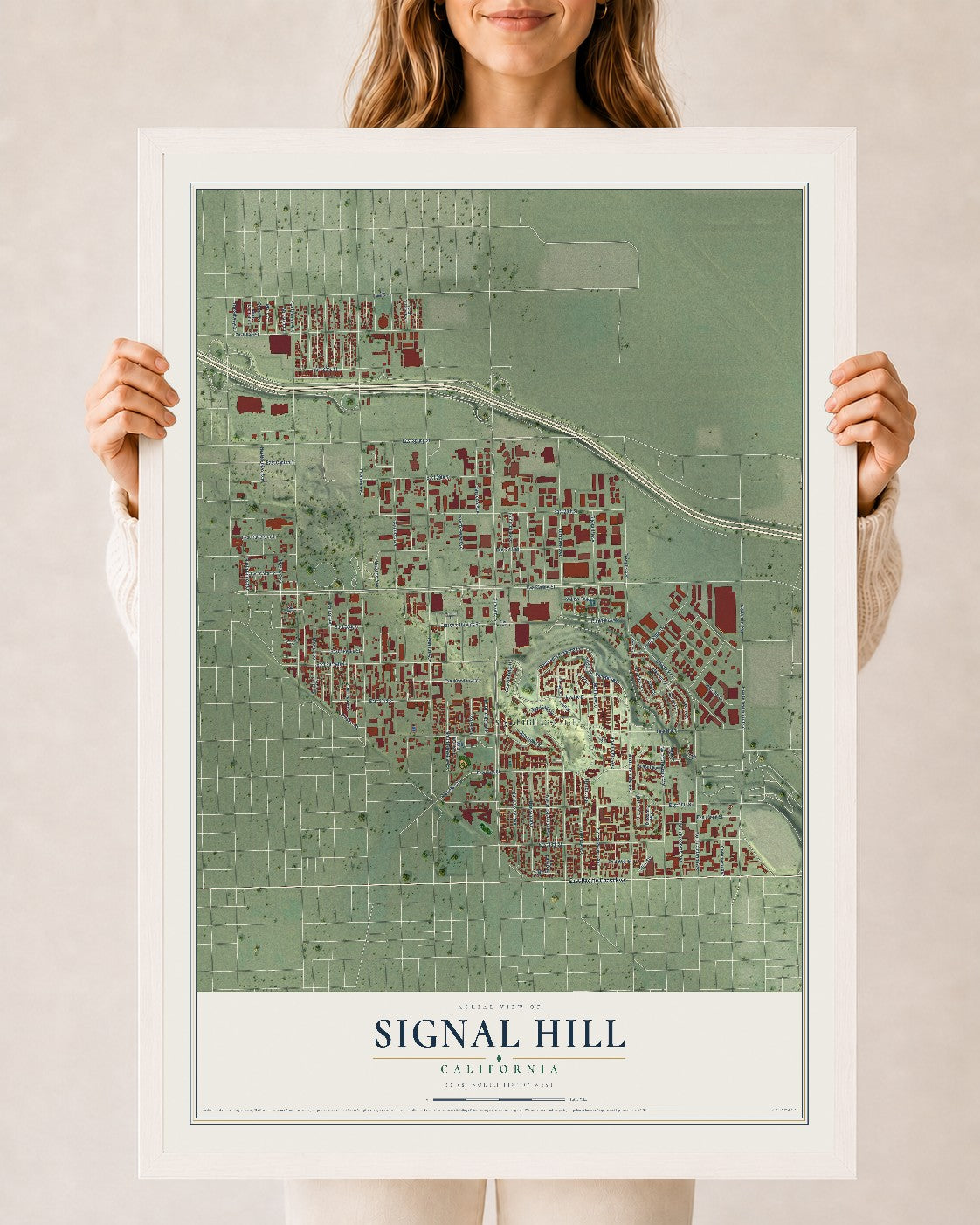 Map of Signal Hill, California, 24 x 36 inch print in a white wood frame
