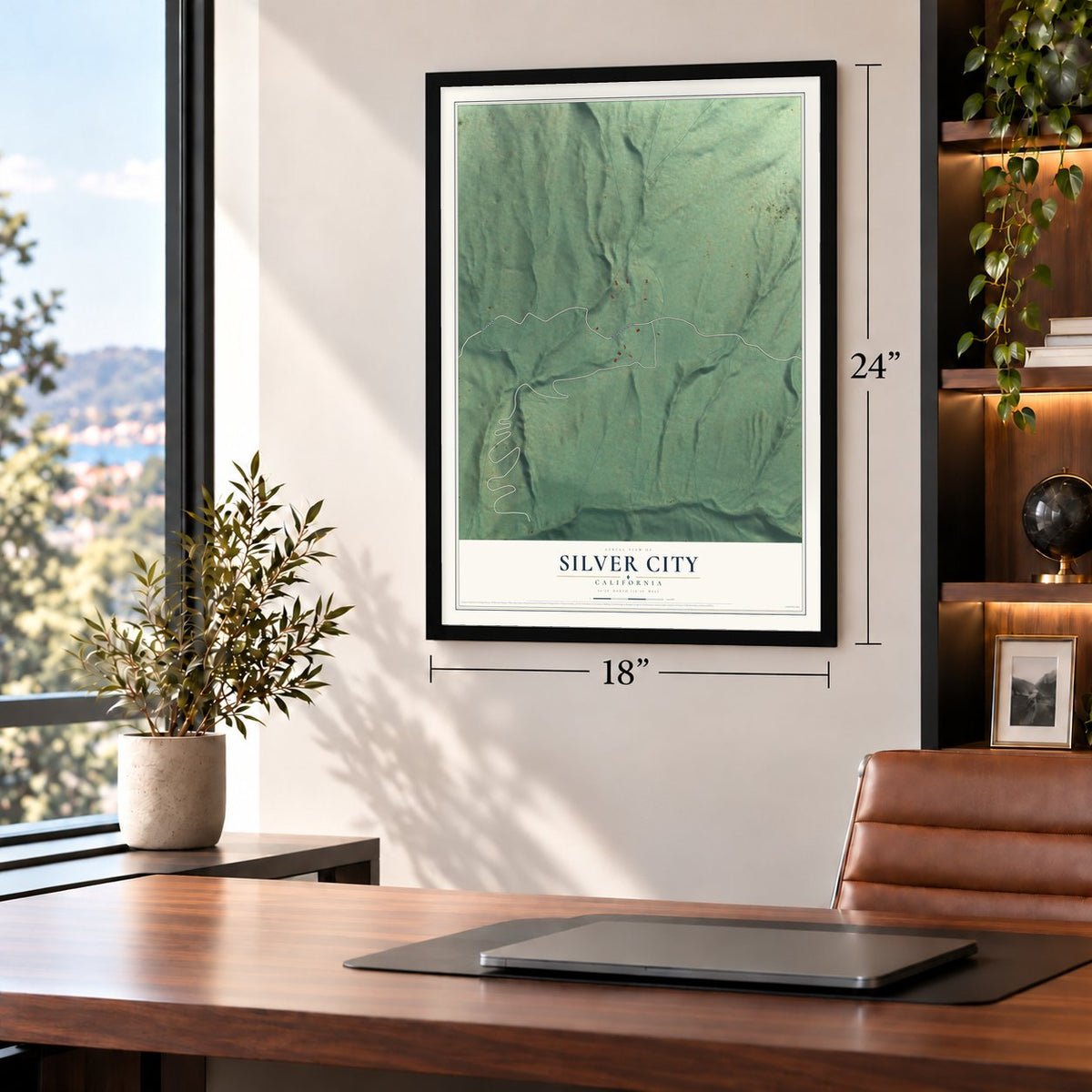 Silver City, California map, 18 x 24 inch print in a black frame in a home office