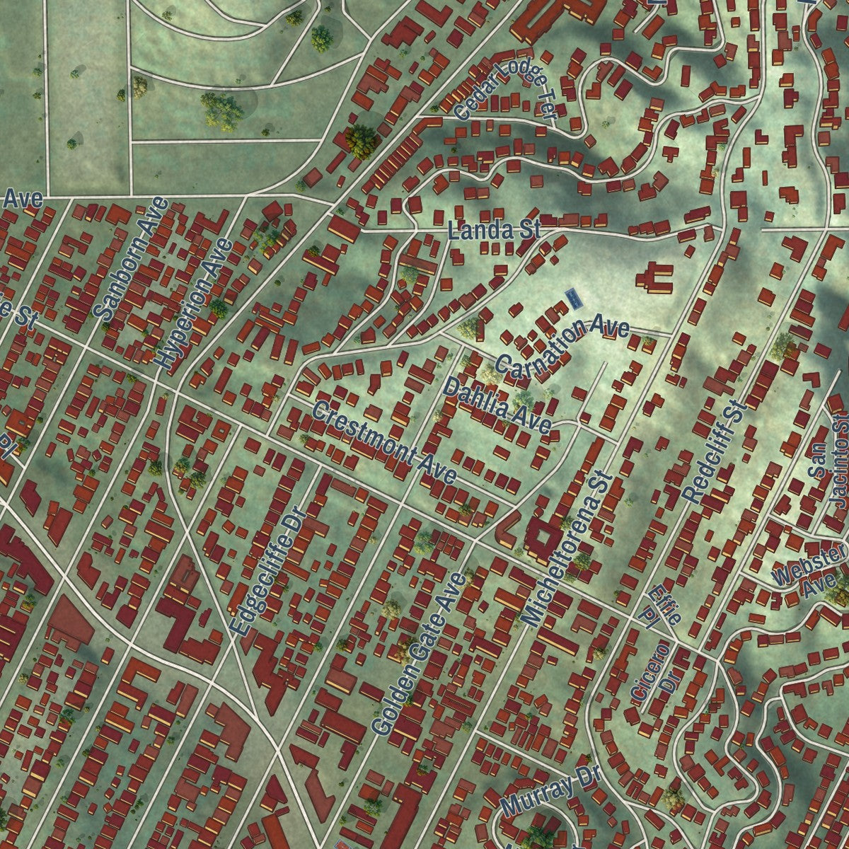 Close-up of the map of Silver Lake, California print showing street and building detail