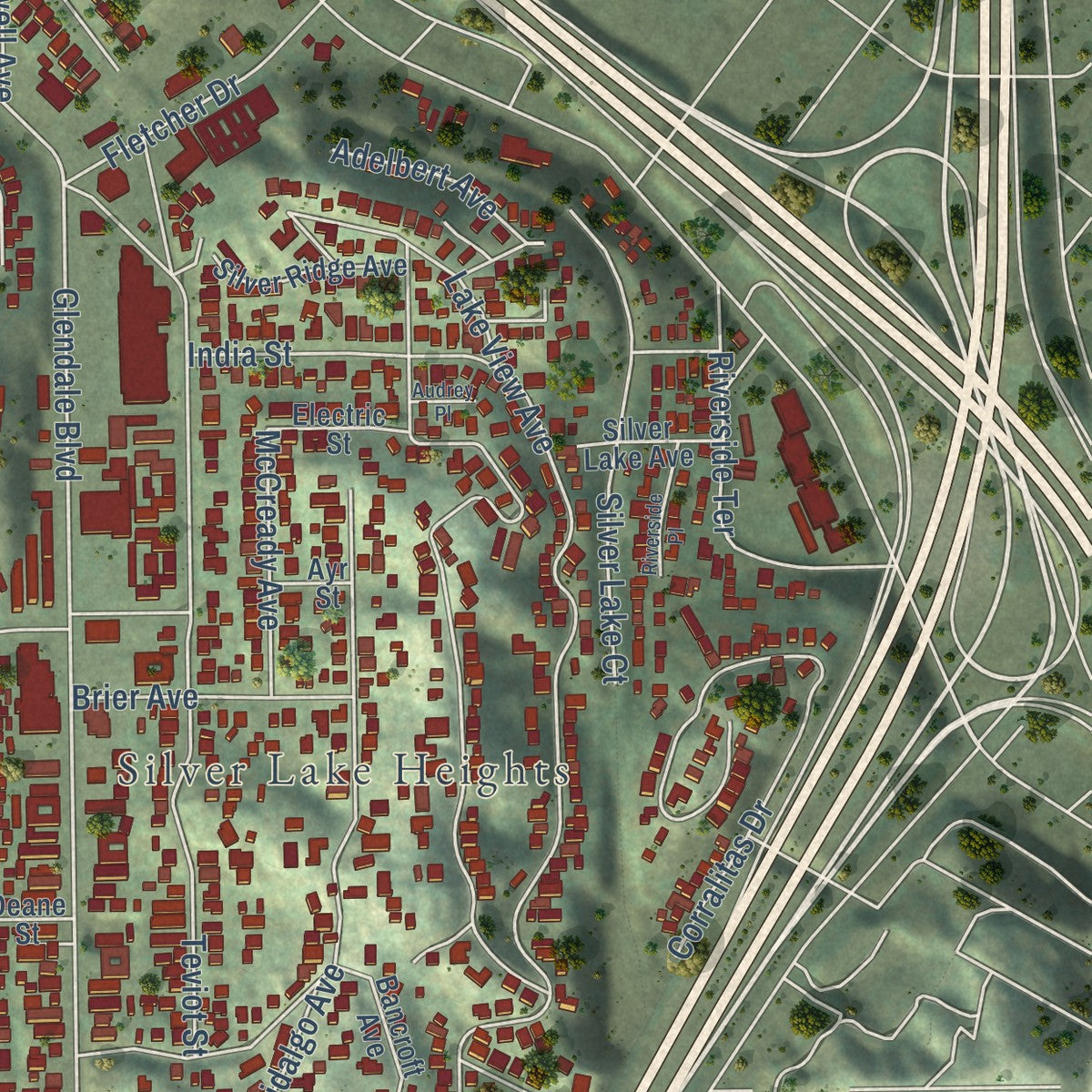 Second close-up of the map of Silver Lake, California print showing more streets and buildings