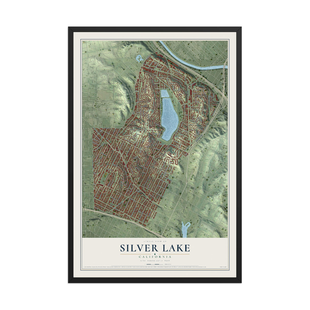 Map of Silver Lake, California, 12 x 18 inch print in a black wood frame
