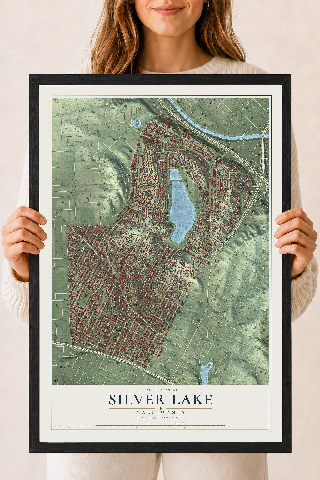 Map of Silver Lake, California, 18 x 24 inch print in a black wood frame