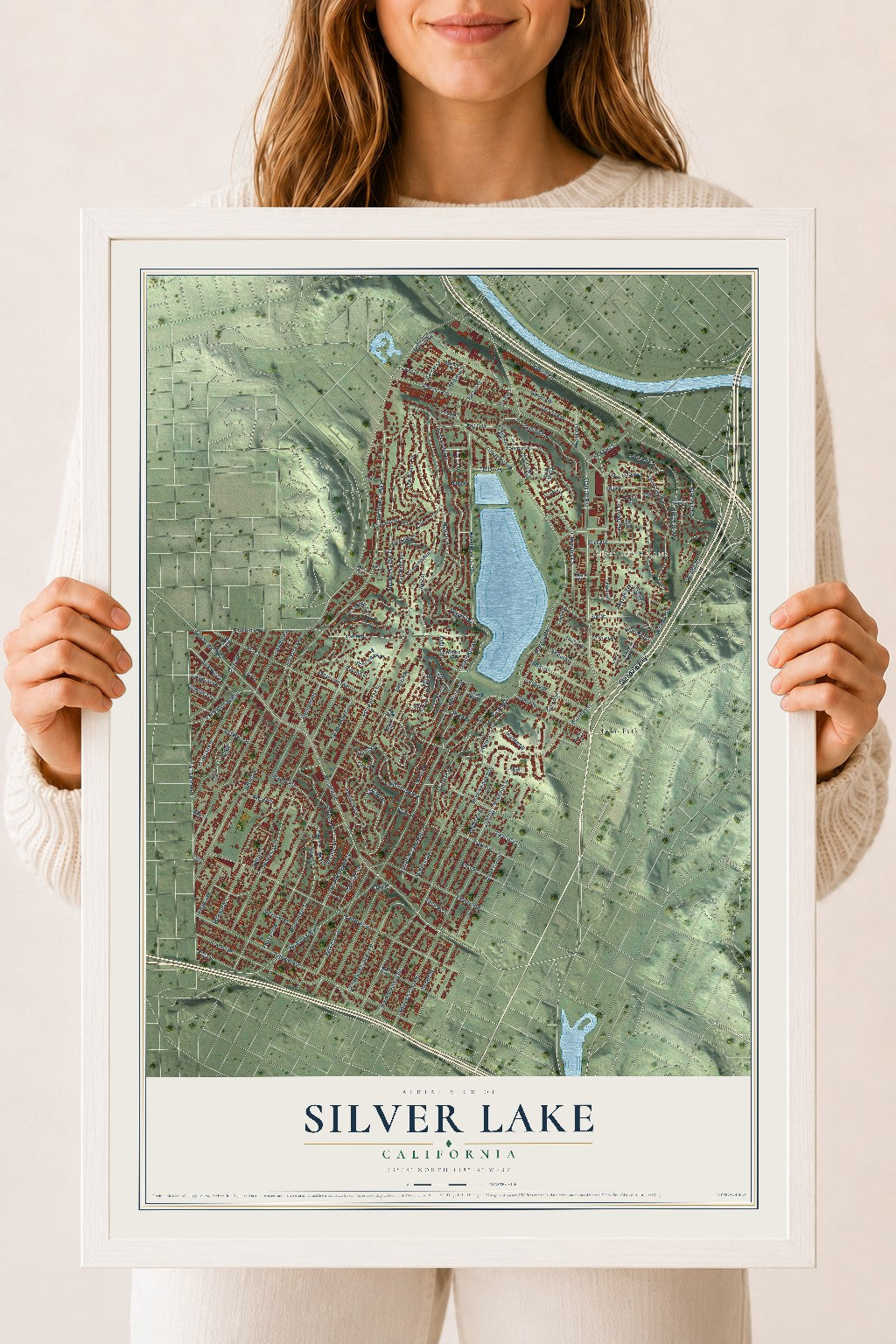 Map of Silver Lake, California, 18 x 24 inch print in a white wood frame