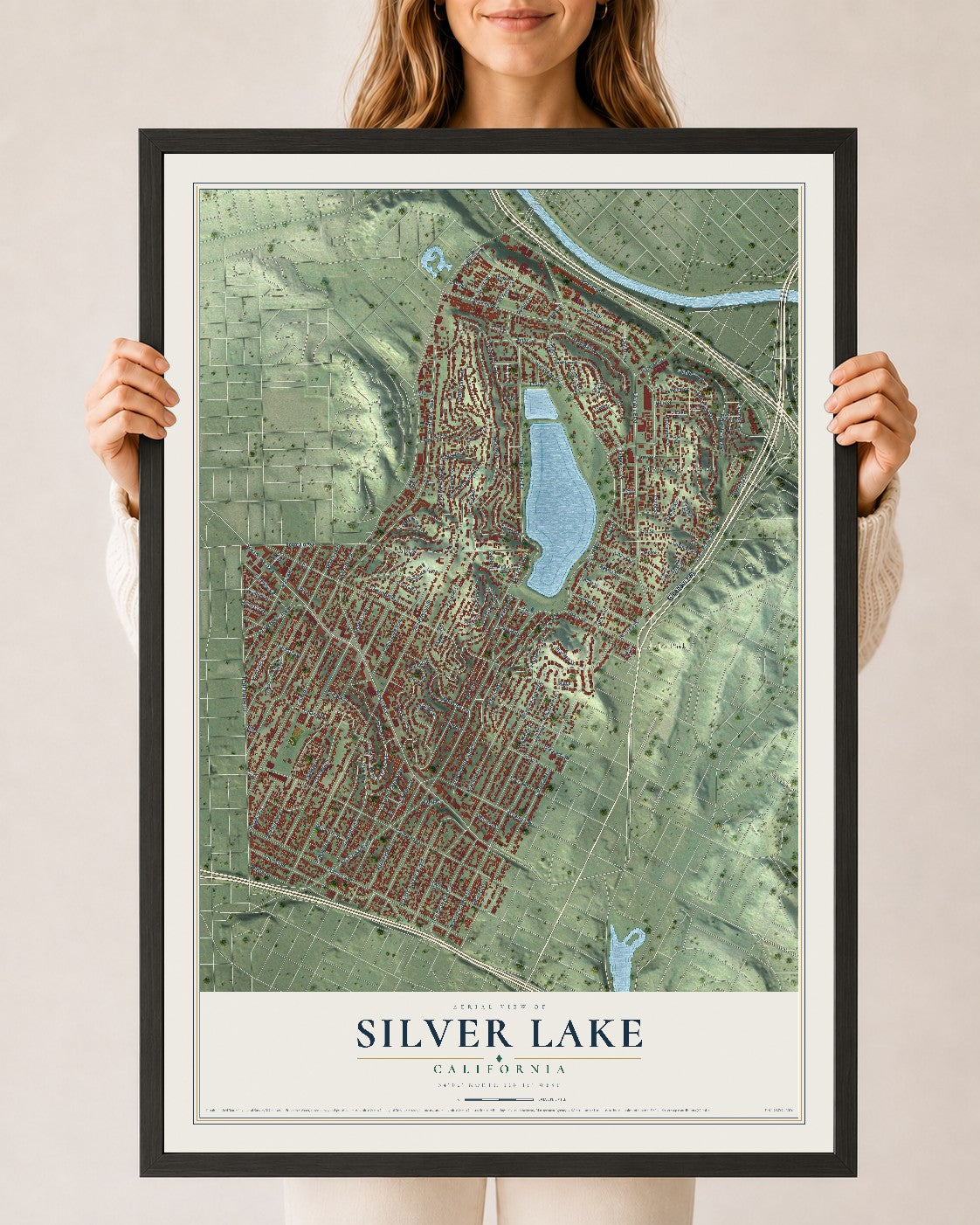 Map of Silver Lake, California, 24 x 36 inch print in a black wood frame