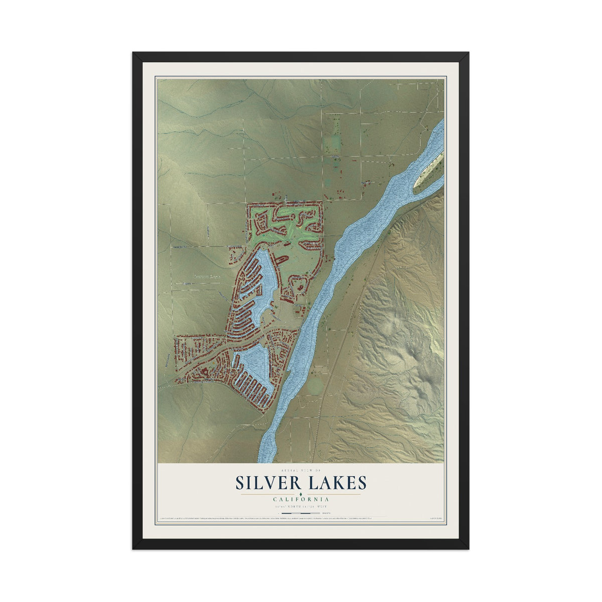 Map of Silver Lakes, California, 12 x 18 inch print in a black wood frame