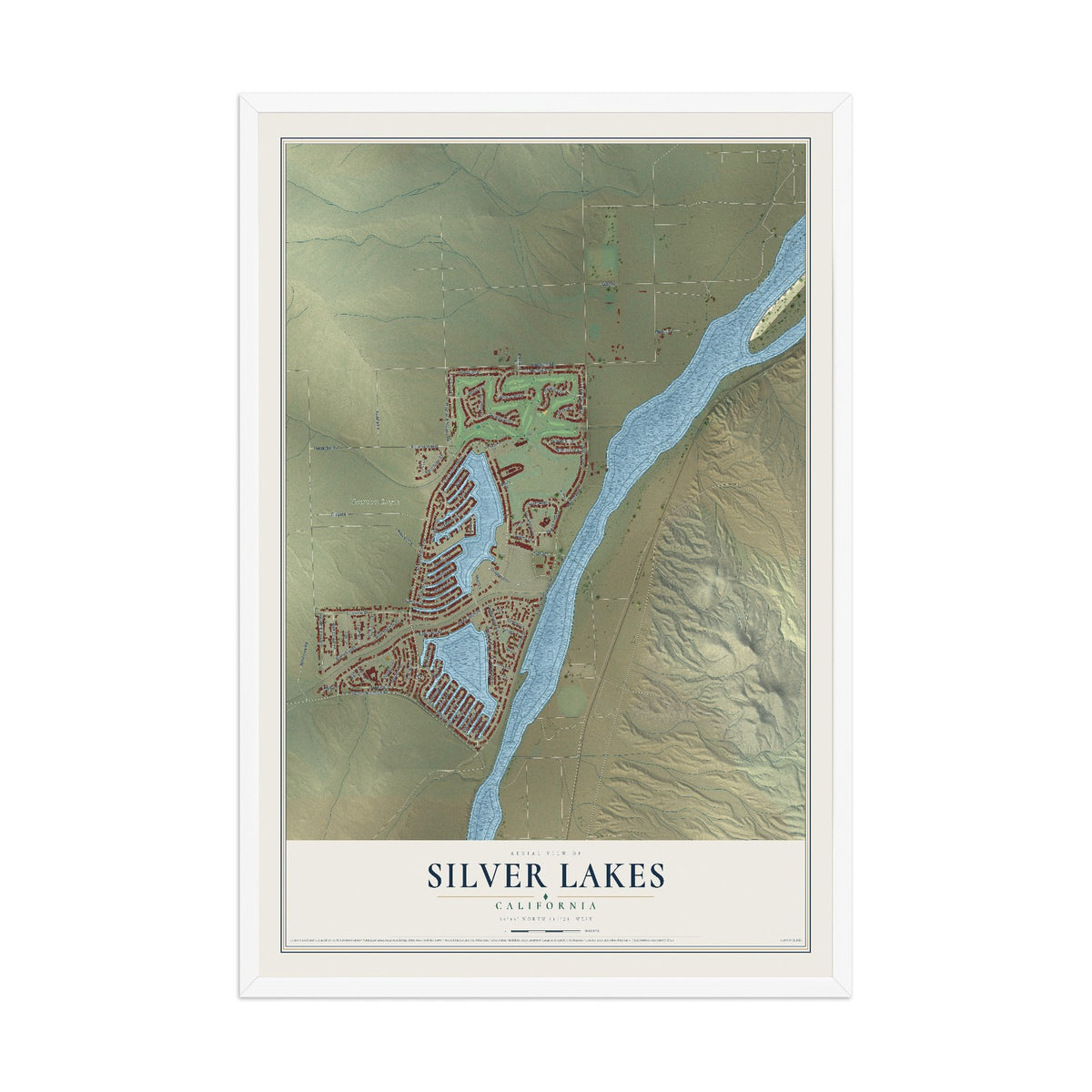 Map of Silver Lakes, California, 12 x 18 inch print in a white wood frame