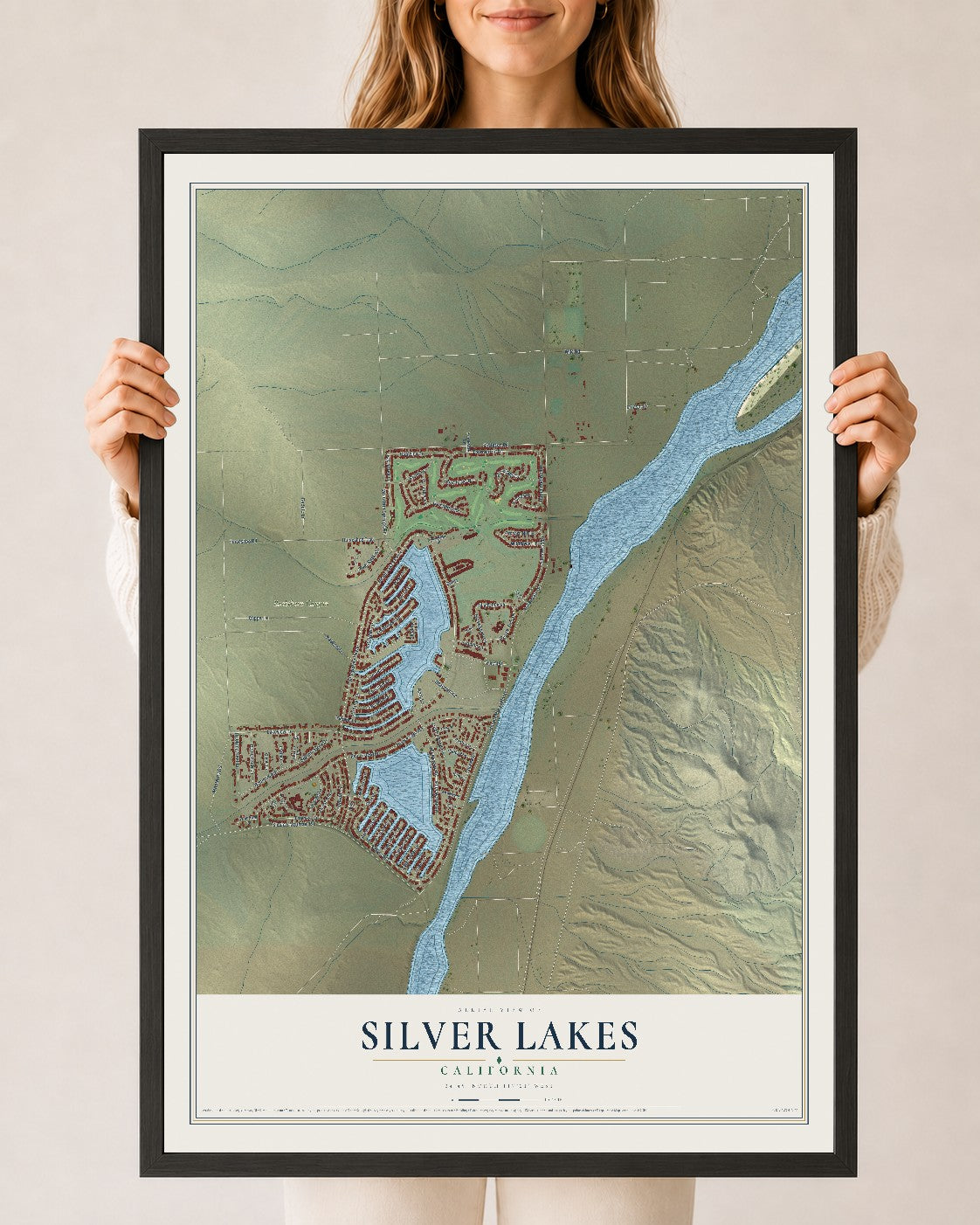 Map of Silver Lakes, California, 24 x 36 inch print in a black wood frame