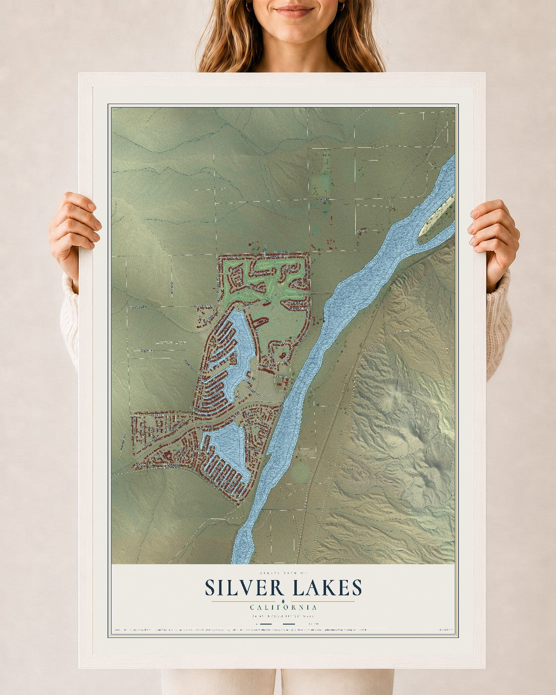 Map of Silver Lakes, California, 24 x 36 inch print in a white wood frame