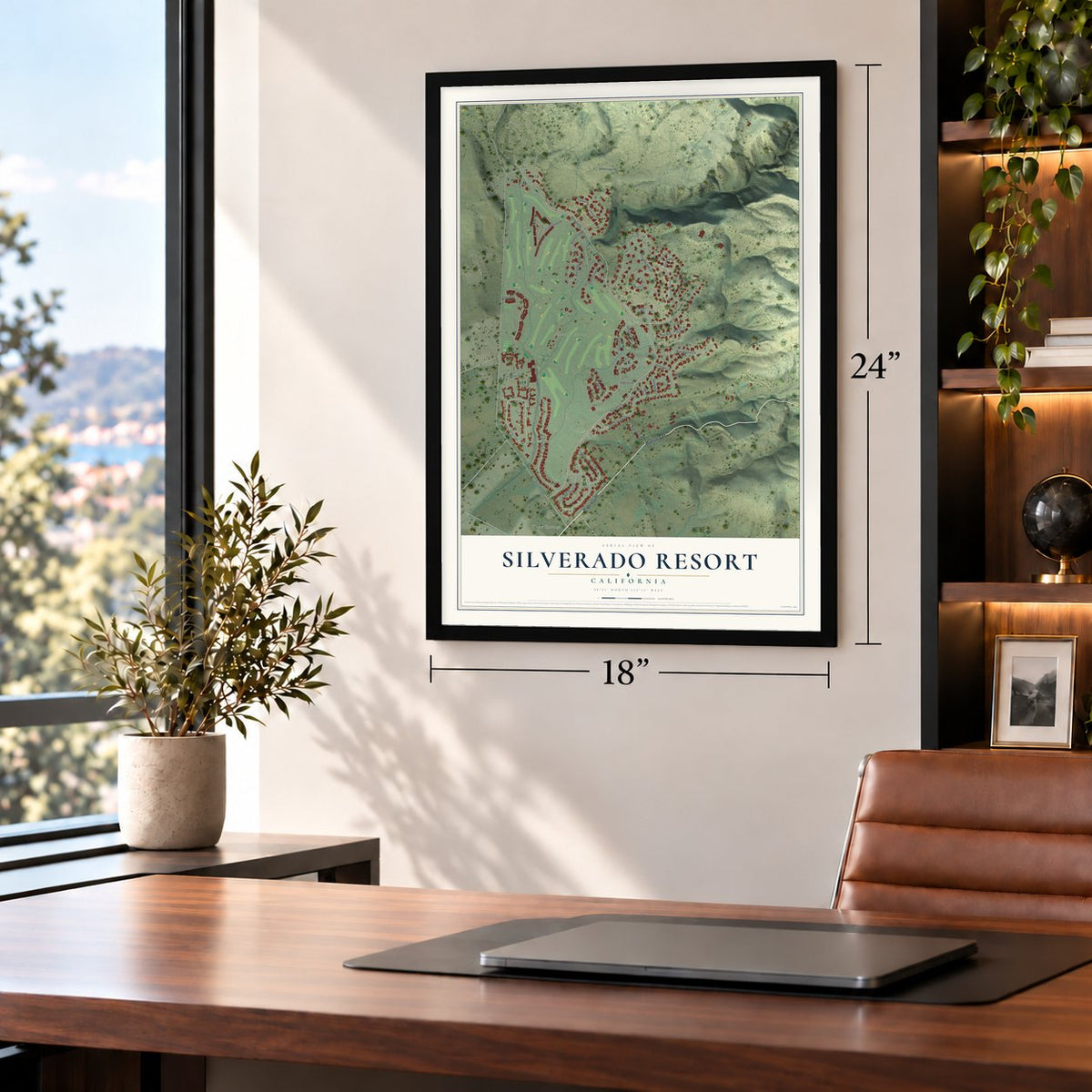 Silverado Resort, California map, 18 x 24 inch print in a black frame in a home office