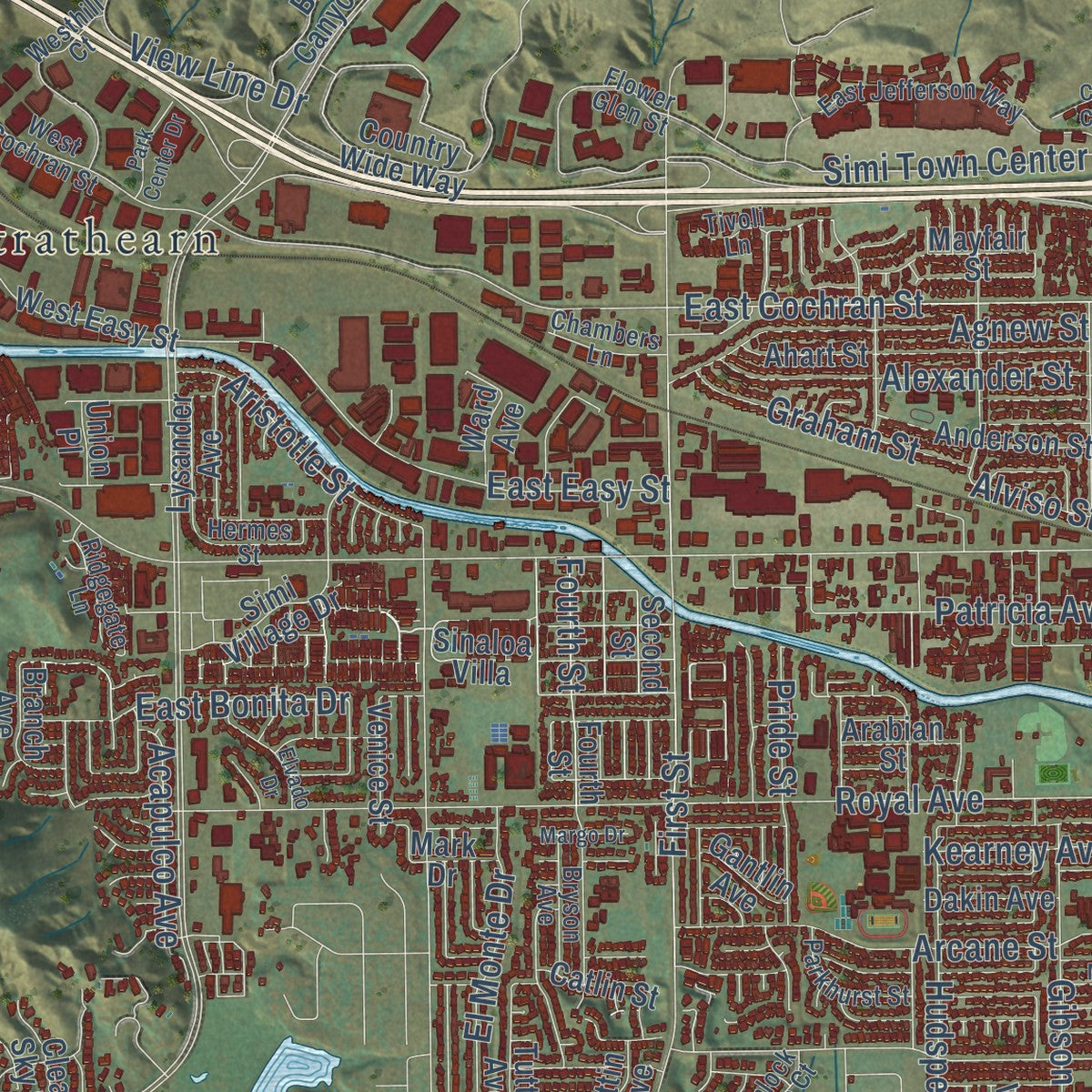 Second close-up of the map of Simi Valley, California print showing more streets and buildings
