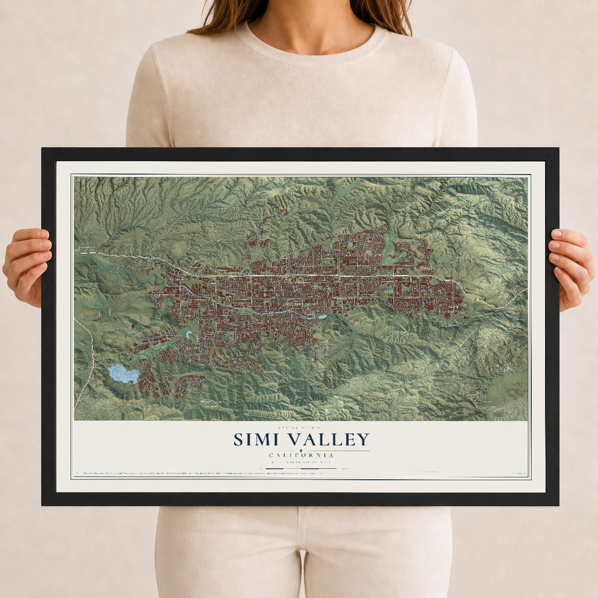 Map of Simi Valley, California, 12 x 18 inch print in a black wood frame
