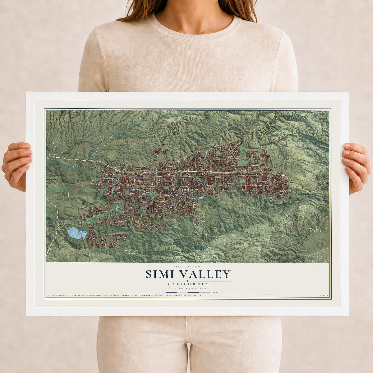 Map of Simi Valley, California, 12 x 18 inch print in a white wood frame
