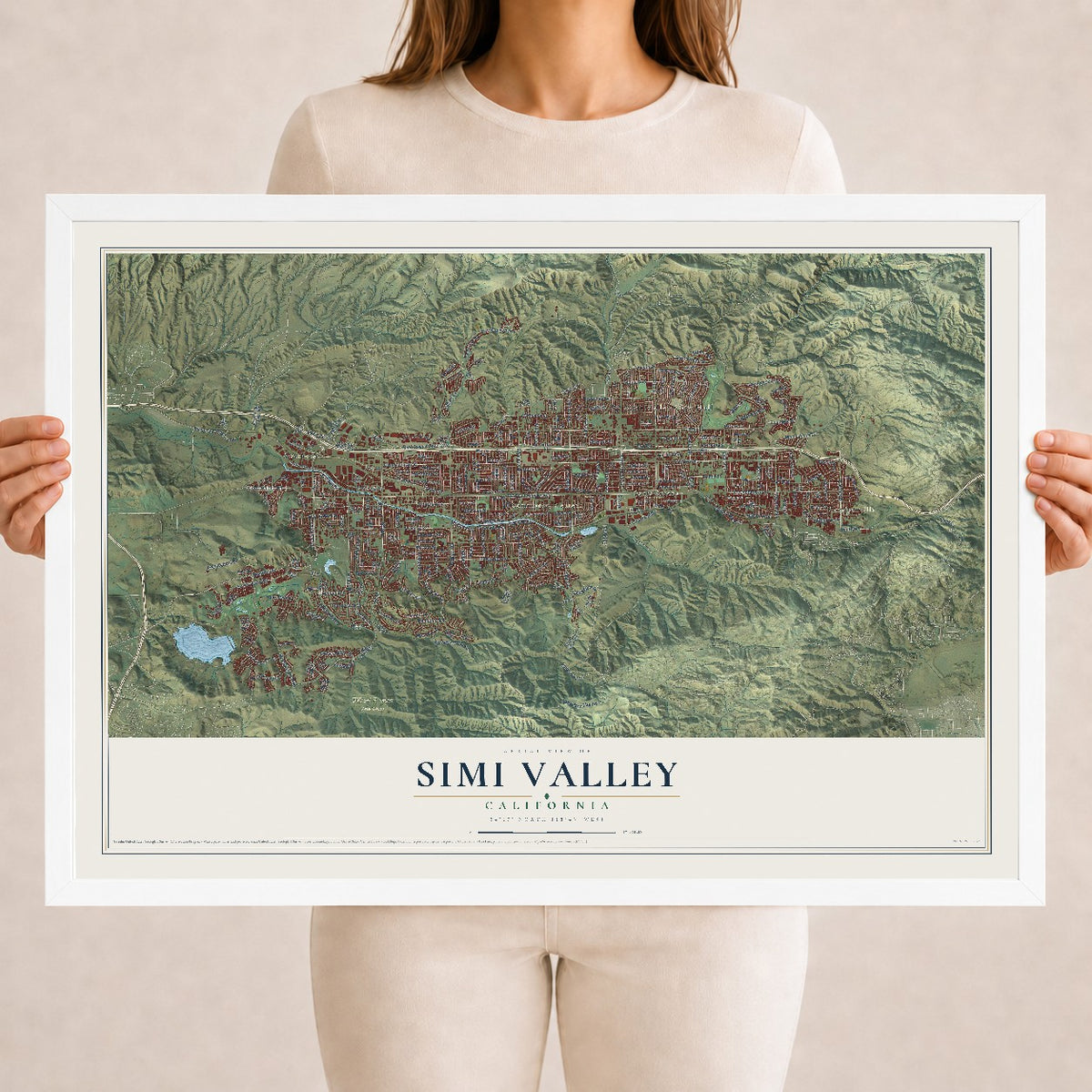 Map of Simi Valley, California, 18 x 24 inch print in a white wood frame