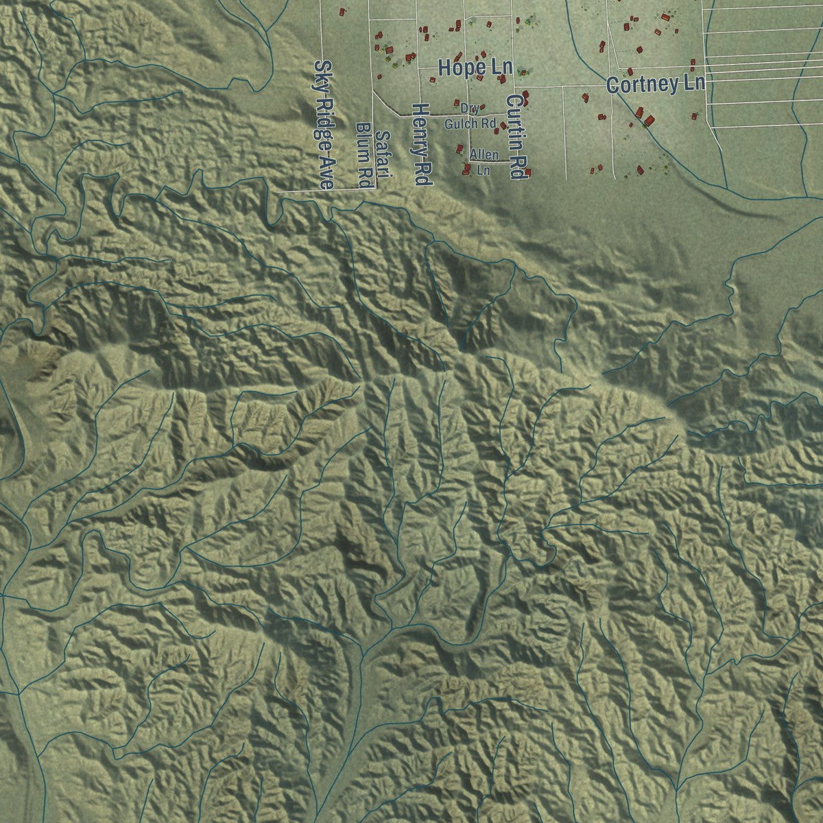 Close-up of the map of Sky Valley, California print showing street and building detail