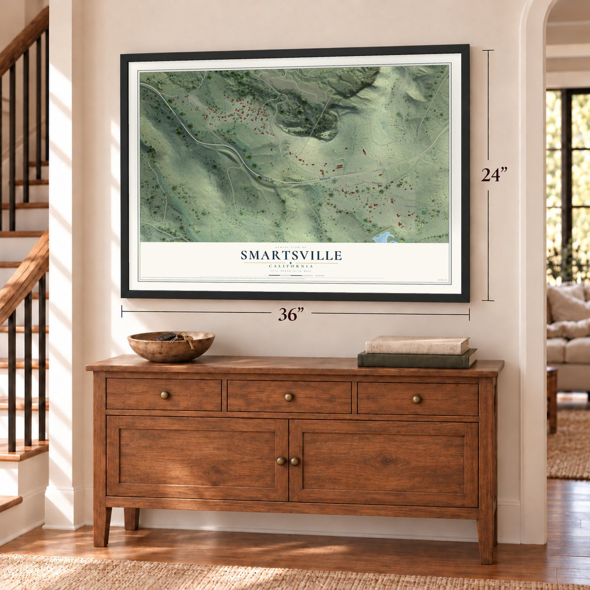 Smartsville, California map, 24 x 36 inch print in a black frame above a dresser by a staircase