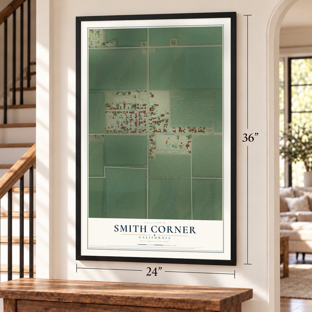 Smith Corner, California map, 24 x 36 inch print in a black frame by a staircase