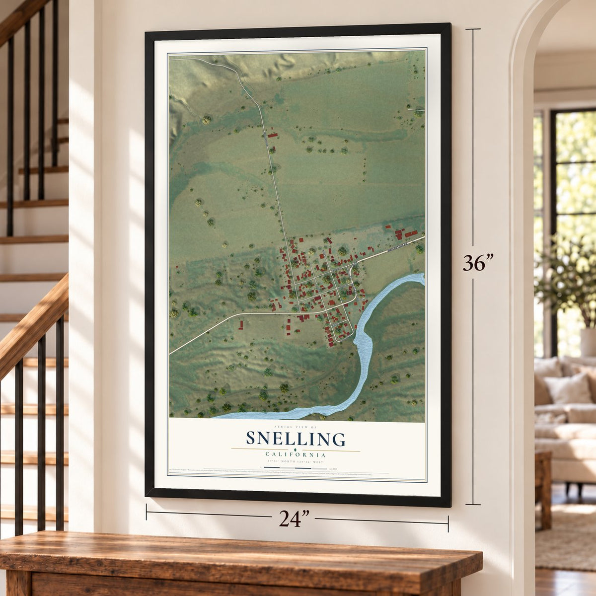 Snelling, California map, 24 x 36 inch print in a black frame by a staircase