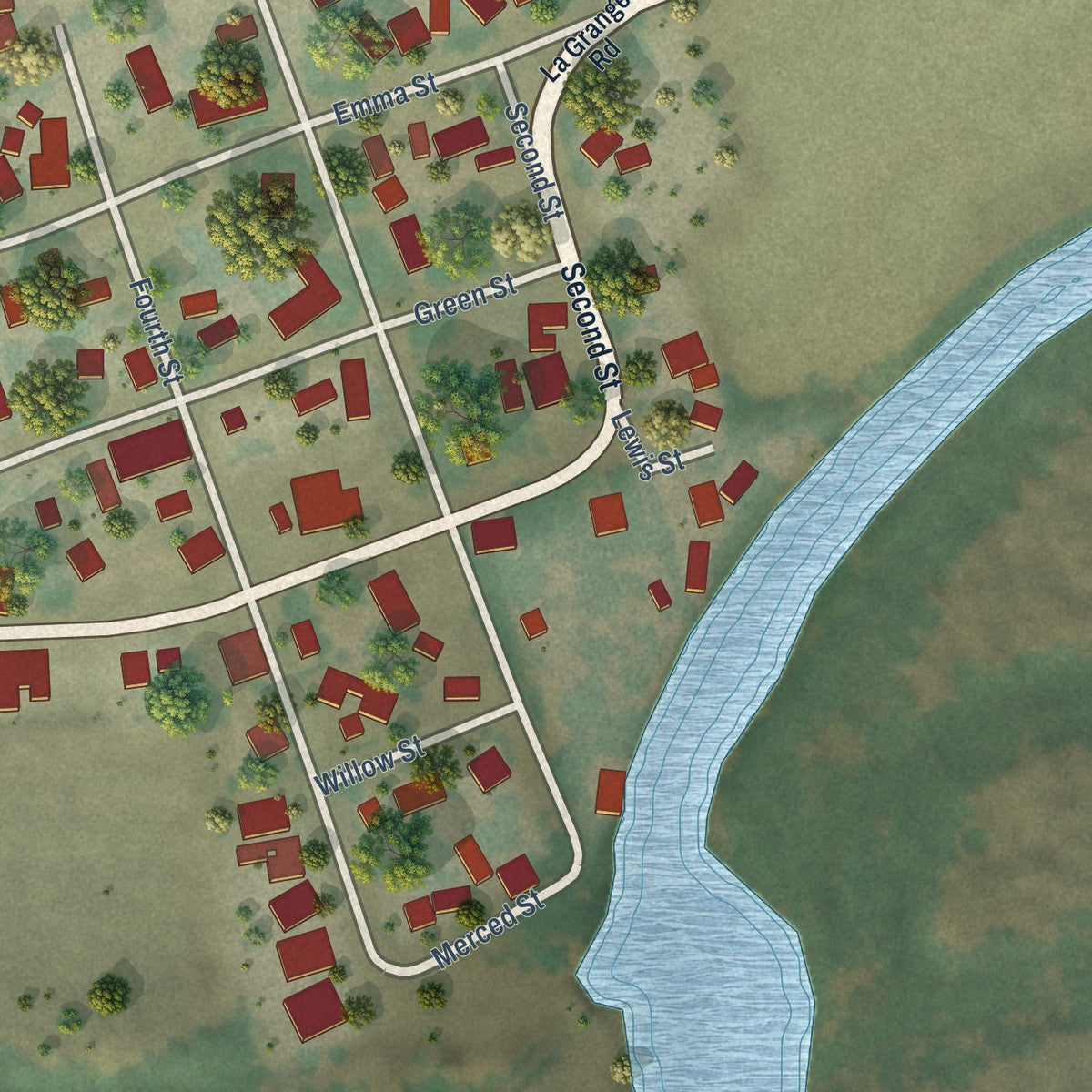 Close-up of the map of Snelling, California print showing street and building detail