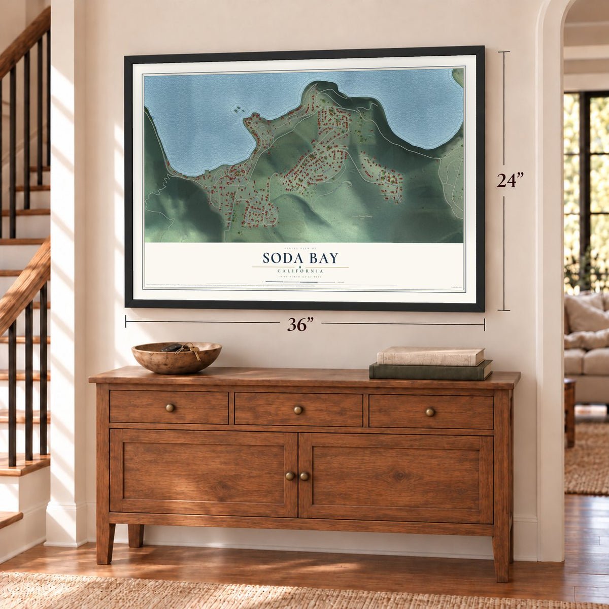 Soda Bay, California map, 24 x 36 inch print in a black frame above a dresser by a staircase