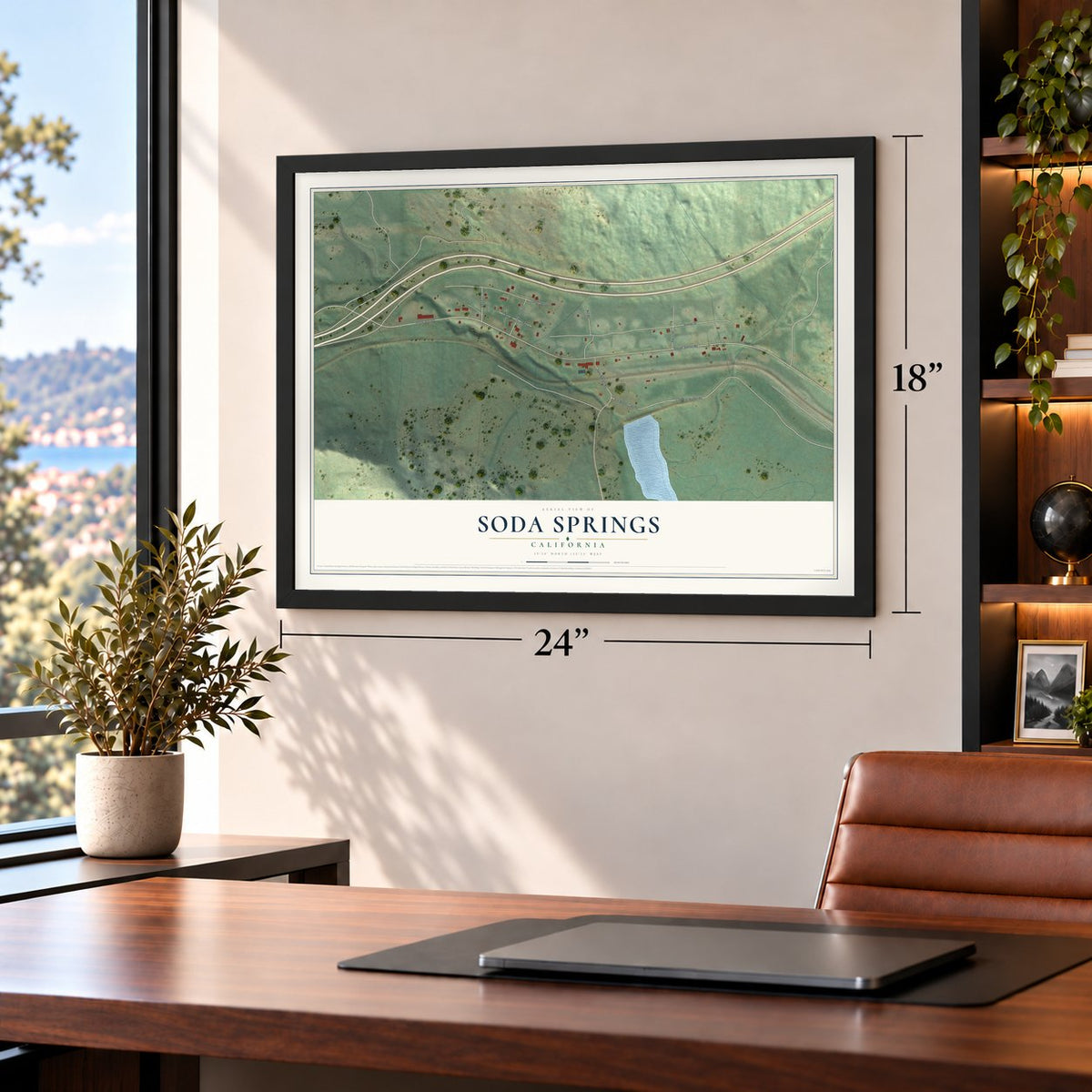 Soda Springs, California map, 18 x 24 inch print in a black frame in a home office