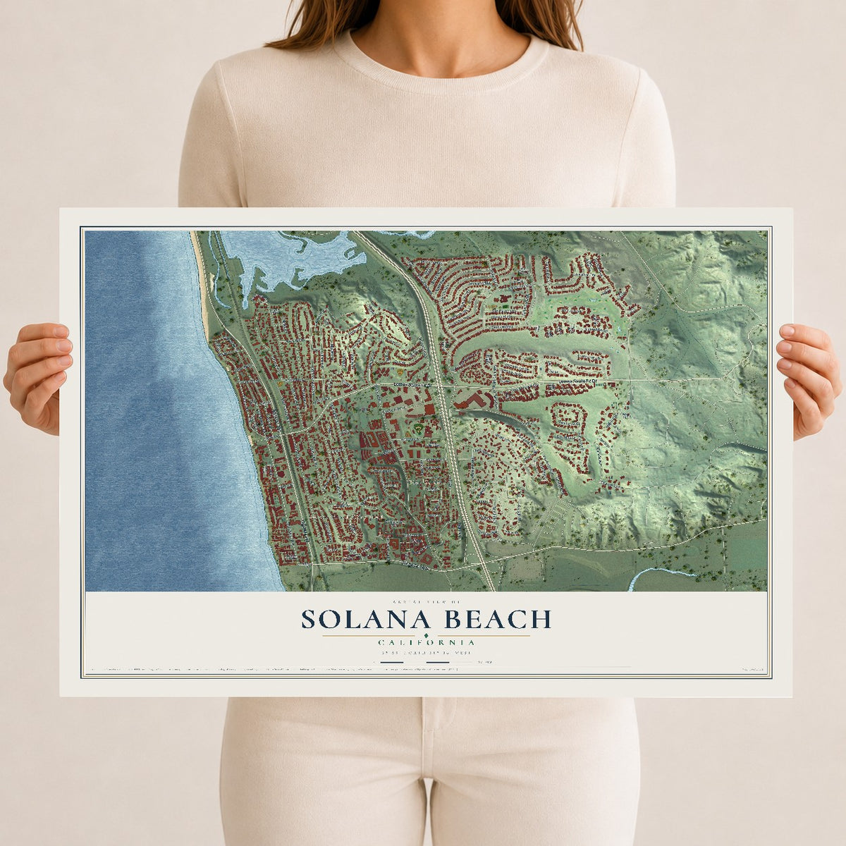 Map of Solana Beach, California, 12 x 18 inch unframed archival matte print
