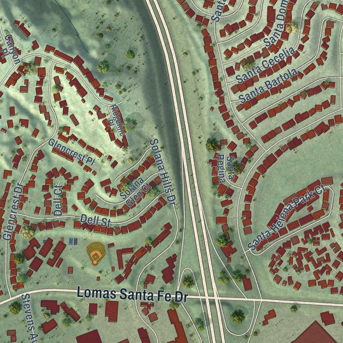 Second close-up of the map of Solana Beach, California print showing more streets and buildings